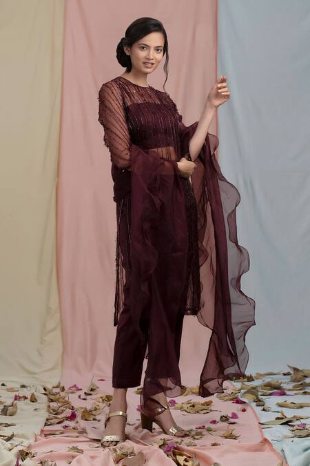 Nayantaara Maroon Organza Embroidery Round Embellished Kurta Set Online at Aza Fashions Nayantaara_Maroon Organza Embroidery Round Embellished Kurta Set _Online_at_Aza_Fashions