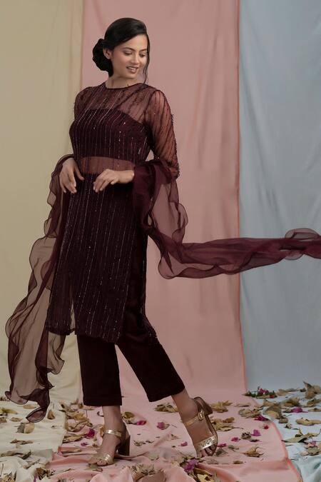 Buy Nayantaara Maroon Organza Embroidery Round Embellished Kurta Set Online at Aza Fashions Buy_Nayantaara_Maroon Organza Embroidery Round Embellished Kurta Set _Online_at_Aza_Fashions