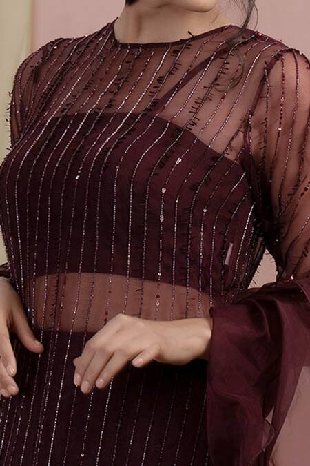 Shop Nayantaara Maroon Organza Embroidery Round Embellished Kurta Set Online at Aza Fashions Shop_Nayantaara_Maroon Organza Embroidery Round Embellished Kurta Set _Online_at_Aza_Fashions