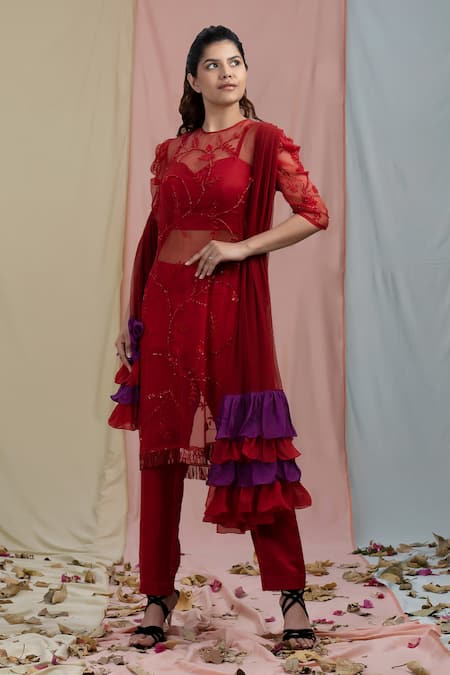 Shop_Nayantaara_Red Organza, Bamberg , Paper Round Embellished Kurta Set_Online_at_Aza_Fashions