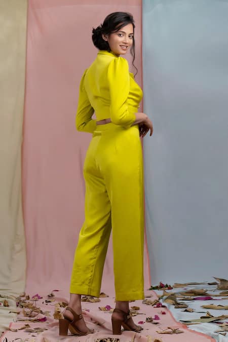 Shop Nayantaara Yellow Bamberg Satin Lapel Collar Cropped Blazer And Pant Set at Aza Fashions Shop_Nayantaara_Yellow Bamberg Satin Lapel Collar Cropped Blazer And Pant Set _at_Aza_Fashions