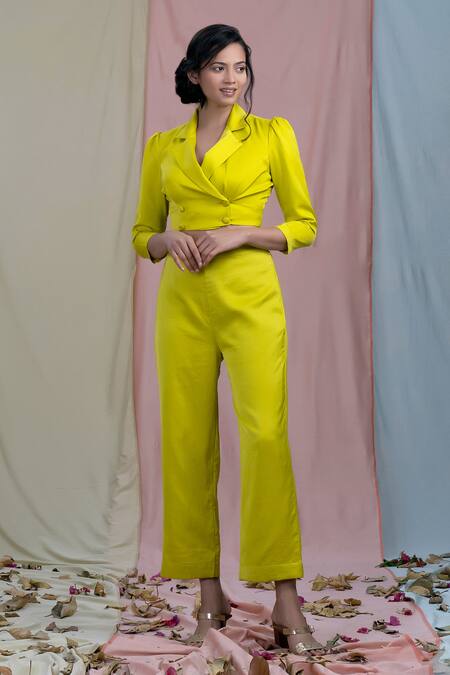 Buy Nayantaara Yellow Bamberg Satin Lapel Collar Cropped Blazer And Pant Set Online at Aza Fashions Buy_Nayantaara_Yellow Bamberg Satin Lapel Collar Cropped Blazer And Pant Set _Online_at_Aza_Fashions