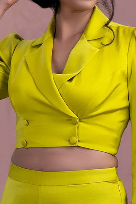 Buy Yellow Bamberg Satin Embroidery Lapel Collar Cropped Blazer And Pant  Set For Women by Nayantaara Online at Aza Fashions.