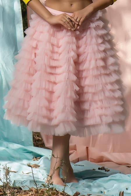 Shop_Nayantaara_Yellow Bamberg Satin, Swiss Net Lapel Collar Cropped Blazer And Tulle Skirt Set_Online_at_Aza_Fashions