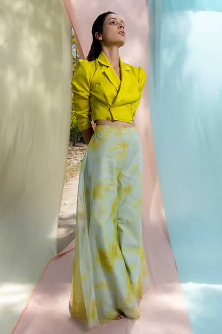 Nayantaara_Yellow Organza, Bamberg Satin Lapel Collar Cropped Blazer And Palazzo Set_Online_at_Aza_Fashions