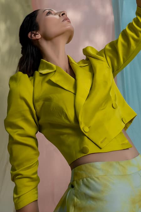 Nayantaara_Yellow Organza, Bamberg Satin Lapel Collar Cropped Blazer And Palazzo Set_at_Aza_Fashions