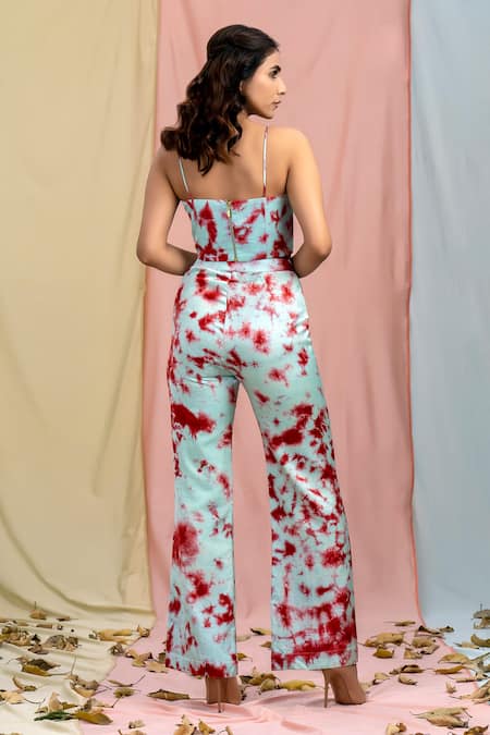 Shop Nayantaara Blue Bamberg Satin Sweetheart Neck Tie-dye Corset Top And Pant Set at Aza Fashions Shop_Nayantaara_Blue Bamberg Satin Sweetheart Neck Tie-dye Corset Top And Pant Set _at_Aza_Fashions