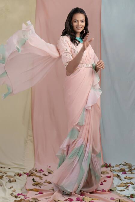Nayantaara Pink Bamberg Satin Embroidery Leaf Neck Tie-dye Ruffle Saree With Blouse Online at Aza Fashions Nayantaara_Pink Bamberg Satin Embroidery Leaf Neck Tie-dye Ruffle Saree With Blouse _Online_at_Aza_Fashions