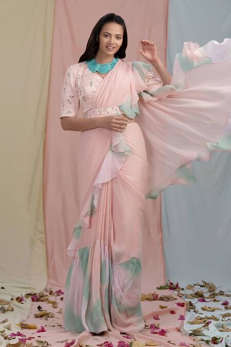 Buy Nayantaara Pink Bamberg Satin Embroidery Leaf Neck Tie-dye Ruffle Saree With Blouse Online at Aza Fashions Buy_Nayantaara_Pink Bamberg Satin Embroidery Leaf Neck Tie-dye Ruffle Saree With Blouse _Online_at_Aza_Fashions