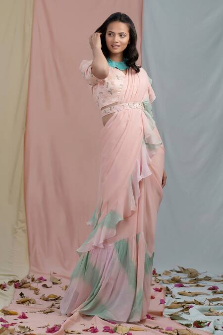 Shop Nayantaara Pink Bamberg Satin Embroidery Leaf Neck Tie-dye Ruffle Saree With Blouse Online at Aza Fashions Shop_Nayantaara_Pink Bamberg Satin Embroidery Leaf Neck Tie-dye Ruffle Saree With Blouse _Online_at_Aza_Fashions