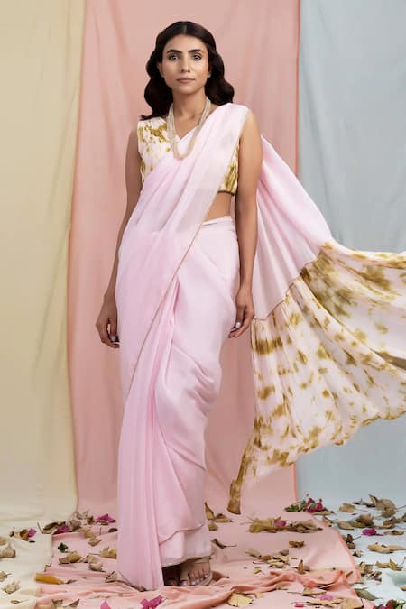 White With Pink Color Lace Work Flower Print Organza Saree