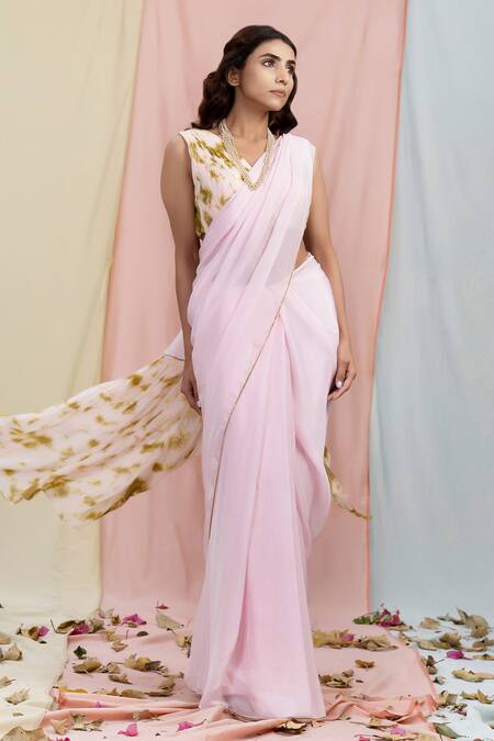 Nayantaara Pink Paper Silk Embroidery V Neck Tie-dye Saree With Blouse Online at Aza Fashions Nayantaara_Pink Paper Silk Embroidery V Neck Tie-dye Saree With Blouse _Online_at_Aza_Fashions