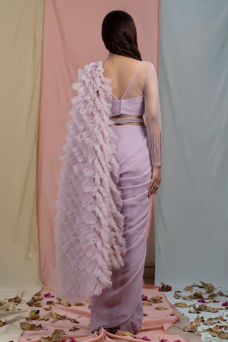 Shop Nayantaara Purple Swiss Net Embroidery V Neck Ruffle Saree With Blouse at Aza Fashions Shop_Nayantaara_Purple Swiss Net Embroidery V Neck Ruffle Saree With Blouse _at_Aza_Fashions