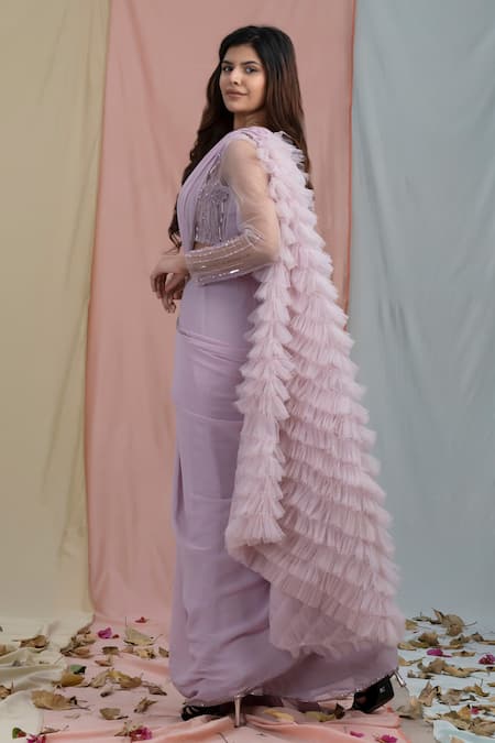 Nayantaara Purple Swiss Net Embroidery V Neck Ruffle Saree With Blouse Online at Aza Fashions Nayantaara_Purple Swiss Net Embroidery V Neck Ruffle Saree With Blouse _Online_at_Aza_Fashions