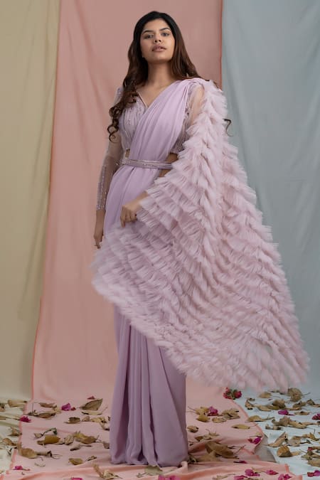 Buy Nayantaara Purple Swiss Net Embroidery V Neck Ruffle Saree With Blouse Online at Aza Fashions Buy_Nayantaara_Purple Swiss Net Embroidery V Neck Ruffle Saree With Blouse _Online_at_Aza_Fashions