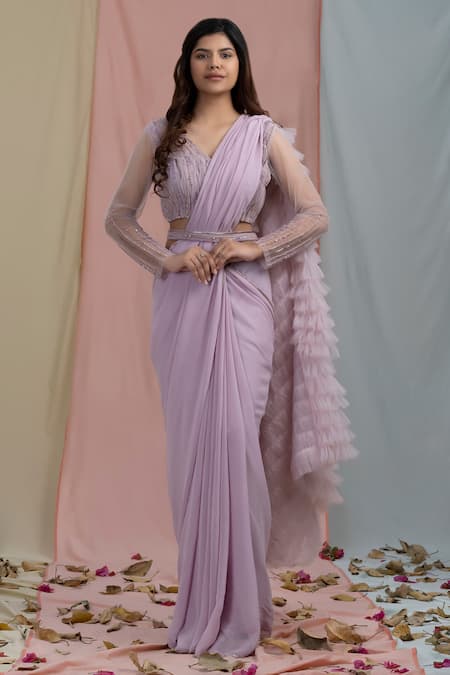 Shop Nayantaara Purple Swiss Net Embroidery V Neck Ruffle Saree With Blouse Online at Aza Fashions Shop_Nayantaara_Purple Swiss Net Embroidery V Neck Ruffle Saree With Blouse _Online_at_Aza_Fashions