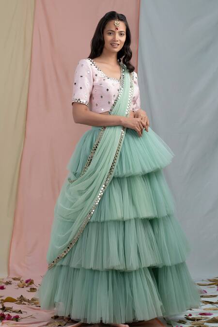 Nayantaara_Green Raw Silk Embroidery Round Blouse And Ruffle Lehenga Set _Online_at_Aza_Fashions