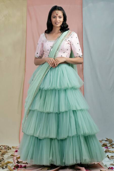 Buy_Nayantaara_Green Raw Silk Embroidery Round Blouse And Ruffle Lehenga Set _Online_at_Aza_Fashions