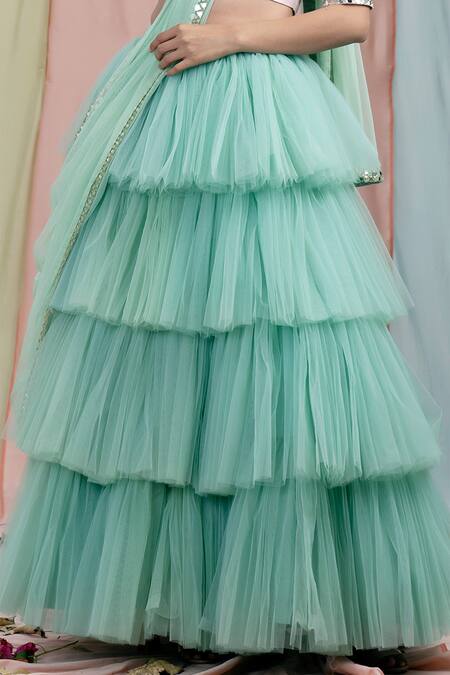 Shop_Nayantaara_Green Raw Silk Embroidery Round Blouse And Ruffle Lehenga Set _Online_at_Aza_Fashions