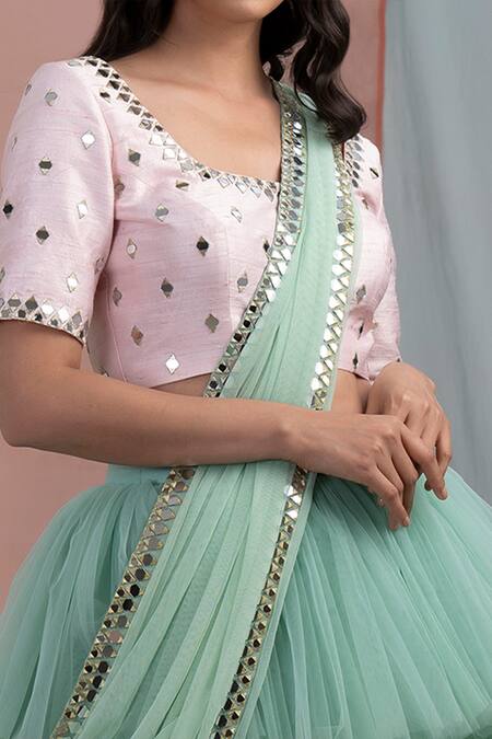 Nayantaara_Green Raw Silk Embroidery Round Blouse And Ruffle Lehenga Set _at_Aza_Fashions