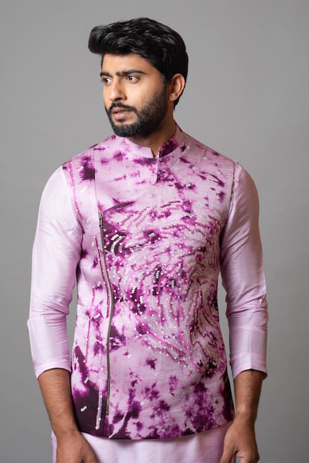 PAARSH_Pink Linen Satin Thread Work Cast A Shadow Tie Dye Bundi_Online_at_Aza_Fashions