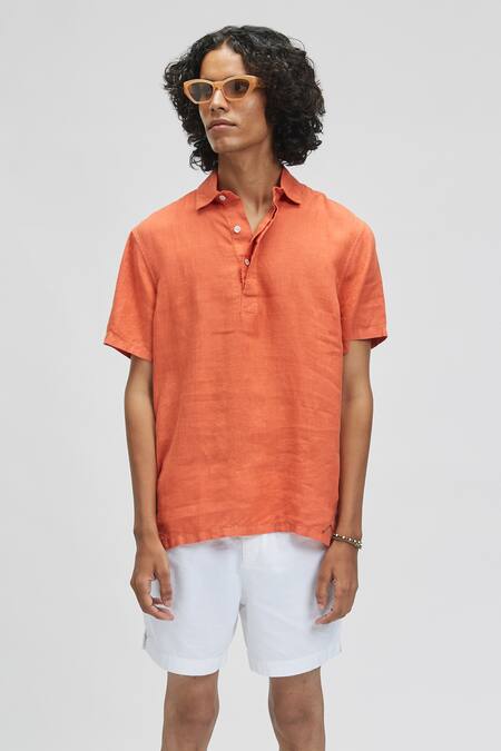 Terra Luna_Orange 100% Linen Plain Aruba T-shirt_Online_at_Aza_Fashions