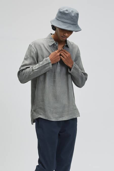 Terra Luna_Grey Linen Plain Azores Long Sleeve T-shirt _Online_at_Aza_Fashions