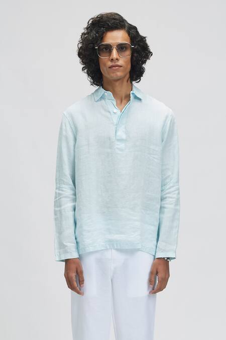 Terra Luna_Blue 100% Linen Plain Azores T-shirt_Online_at_Aza_Fashions