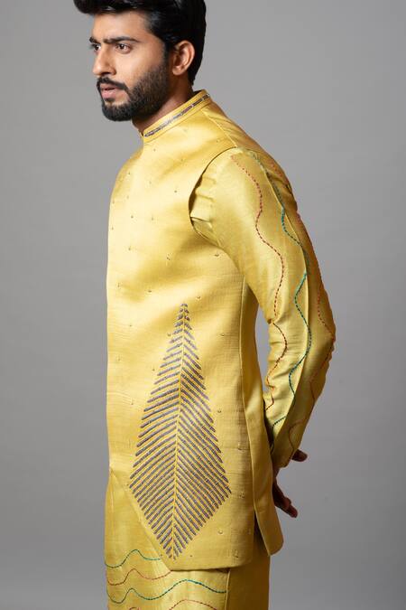 Shop PAARSH Yellow Linen Satin Cutdana Work, Thread Elkhorn Asymmetric Embroidered Bundi at Aza Fashions Shop_PAARSH_Yellow Linen Satin Cutdana Work, Thread Elkhorn Asymmetric Embroidered Bundi _at_Aza_Fashions