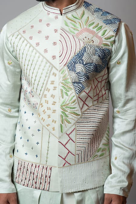 PAARSH_Green Linen Satin Cutdana , Thread The Water Iris Embroidered Bundi_Online_at_Aza_Fashions