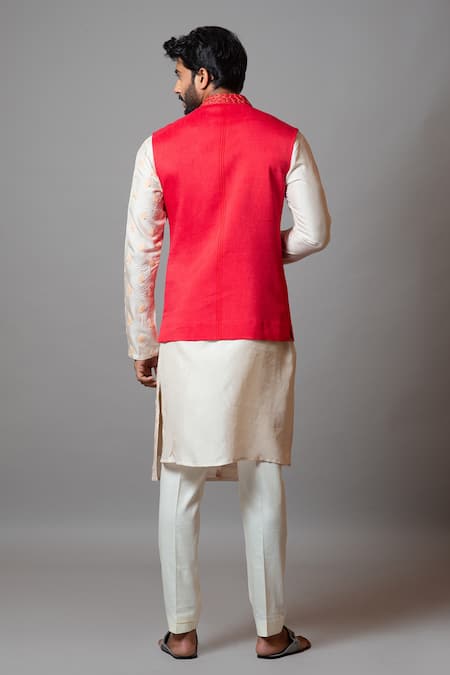 Shop PAARSH Red Bamberg Silk Thread Work Filigree Embroidered Bundi at Aza Fashions Shop_PAARSH_Red Bamberg Silk Thread Work Filigree Embroidered Bundi _at_Aza_Fashions