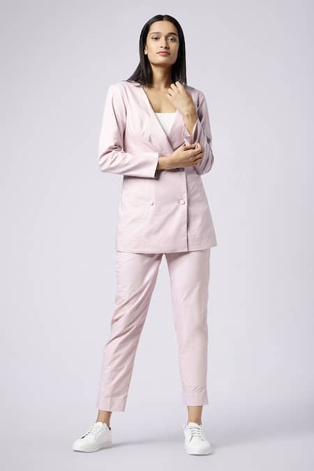 Nayantaara Pink Cotton Lapel Double Breasted Blazer With Pant 