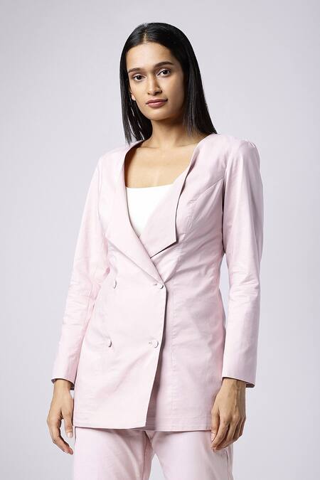 Buy_Nayantaara_Pink Cotton Lapel Double Breasted Blazer With Pant _Online_at_Aza_Fashions