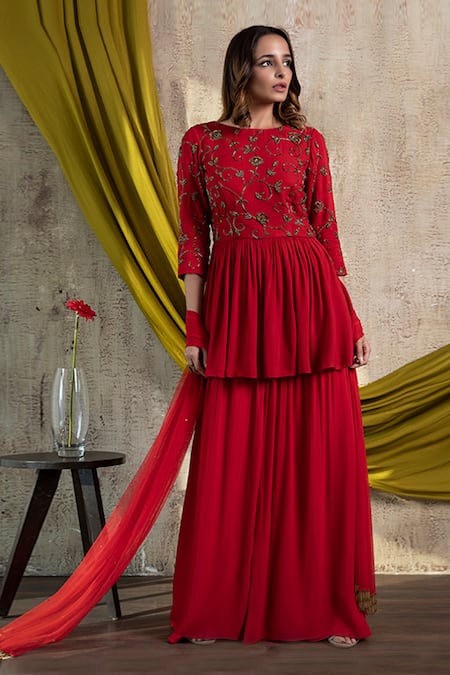 Nayantaara_Red Double Georgette Round Embroidered Kurta Gharara Set _Online_at_Aza_Fashions