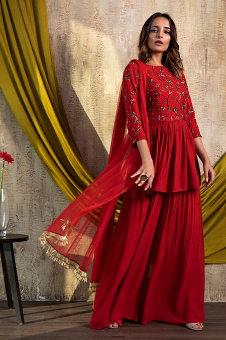 Nayantaara Red Double Georgette Round Embroidered Kurta Gharara Set