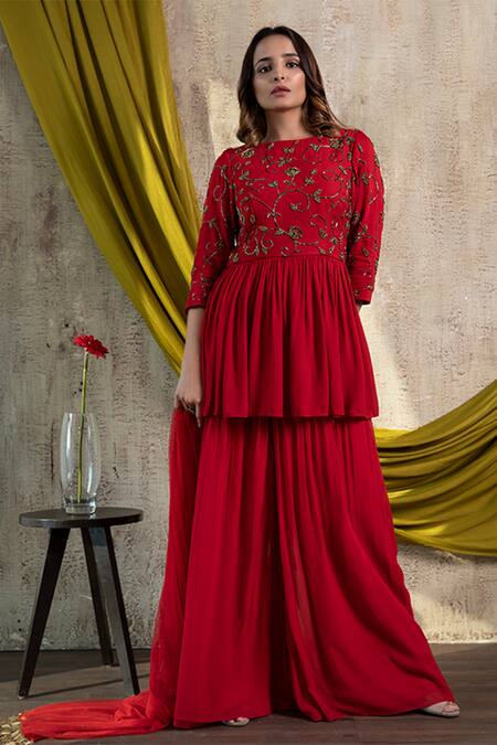 Buy_Nayantaara_Red Double Georgette Round Embroidered Kurta Gharara Set _Online_at_Aza_Fashions