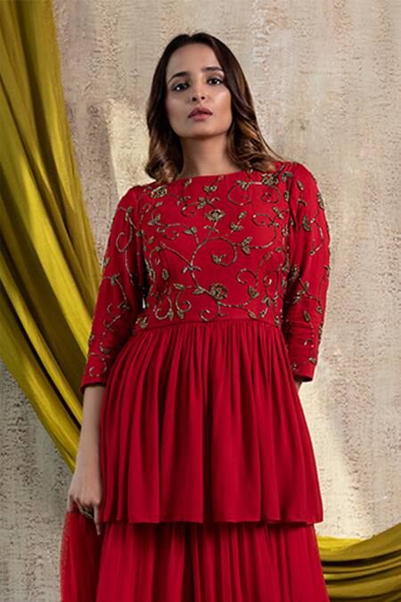 Nayantaara_Red Double Georgette Round Embroidered Kurta Gharara Set _at_Aza_Fashions