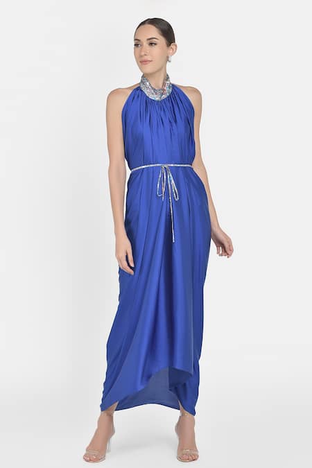 NA-KA Blue Satin Shimmer Halter Gathered Dress 