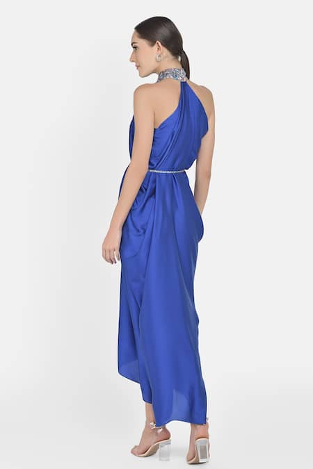 Shop NA-KA Blue Satin Shimmer Halter Gathered Dress at Aza Fashions Shop_NA-KA_Blue Satin Shimmer Halter Gathered Dress _at_Aza_Fashions
