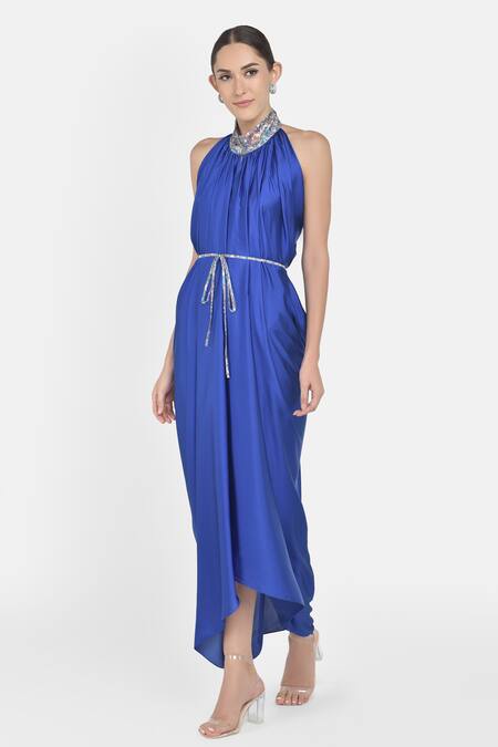 NA-KA Blue Satin Shimmer Halter Gathered Dress Online at Aza Fashions NA-KA_Blue Satin Shimmer Halter Gathered Dress _Online_at_Aza_Fashions