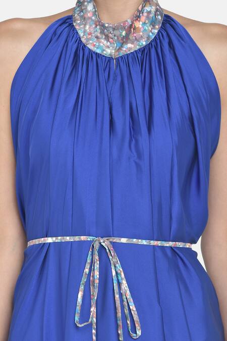 Buy NA-KA Blue Satin Shimmer Halter Gathered Dress Online at Aza Fashions Buy_NA-KA_Blue Satin Shimmer Halter Gathered Dress _Online_at_Aza_Fashions