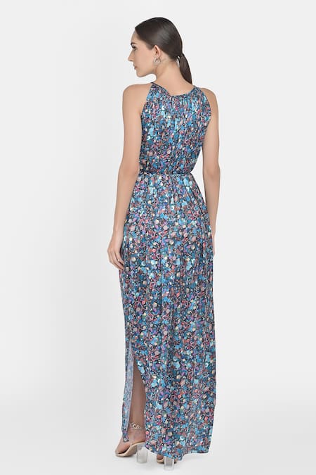 Shop NA-KA Multi Color Crepe Satin Geometric Round Printed Dress at Aza Fashions Shop_NA-KA_Multi Color Crepe Satin Geometric Round Printed Dress _at_Aza_Fashions