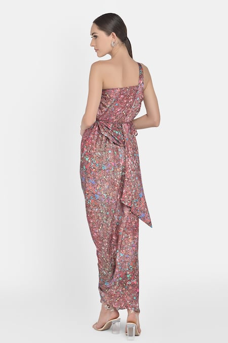 Shop NA-KA Maroon Crepe Satin Geometric One Shoulder Printed Dress at Aza Fashions Shop_NA-KA_Maroon Crepe Satin Geometric One Shoulder Printed Dress _at_Aza_Fashions