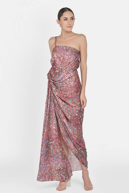 NA-KA Maroon Crepe Satin Geometric One Shoulder Printed Dress Online at Aza Fashions NA-KA_Maroon Crepe Satin Geometric One Shoulder Printed Dress _Online_at_Aza_Fashions