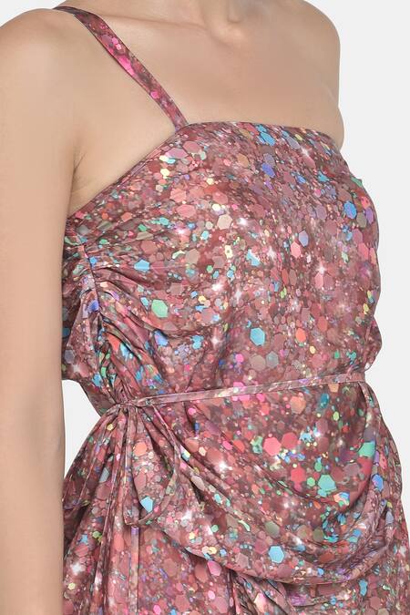 Buy NA-KA Maroon Crepe Satin Geometric One Shoulder Printed Dress Online at Aza Fashions Buy_NA-KA_Maroon Crepe Satin Geometric One Shoulder Printed Dress _Online_at_Aza_Fashions