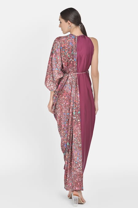 Shop NA-KA Maroon Crepe Satin Geometric Round Dress at Aza Fashions Shop_NA-KA_Maroon Crepe Satin Geometric Round Dress _at_Aza_Fashions