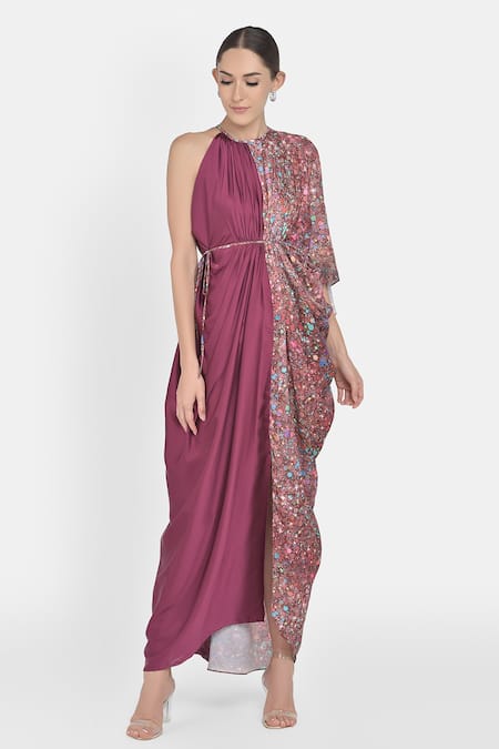 NA-KA Maroon Crepe Satin Geometric Round Dress Online at Aza Fashions NA-KA_Maroon Crepe Satin Geometric Round Dress _Online_at_Aza_Fashions
