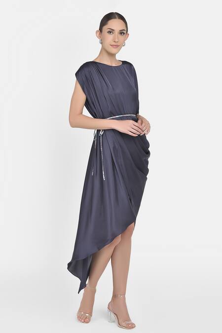 NA-KA_Blue Satin Round Draped Dress _Online_at_Aza_Fashions