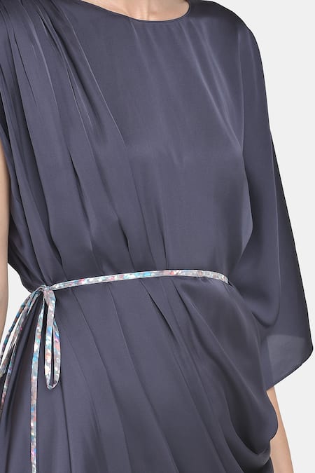 Shop_NA-KA_Blue Satin Round Draped Dress _Online_at_Aza_Fashions