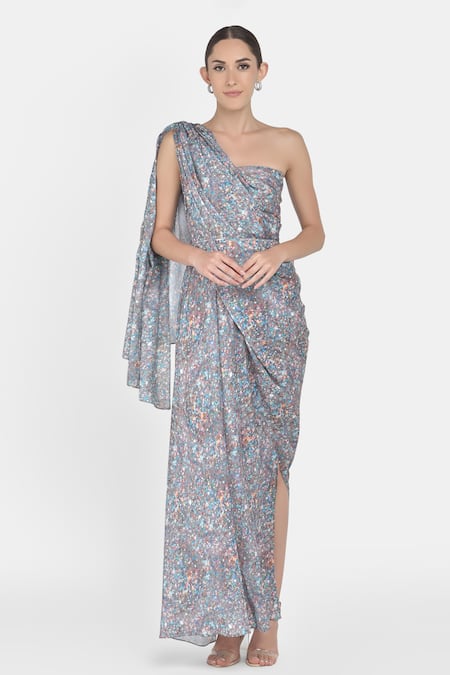 NA-KA Grey Crepe Satin Geometric One Shoulder Printed Dress